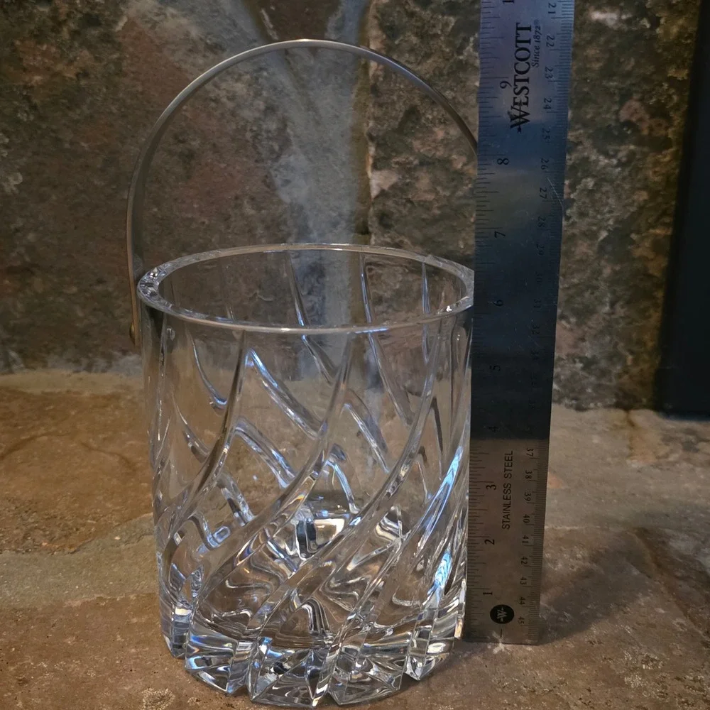 Mikasa English Crystal Ice Bucket Swirl Cut Heavy Glass Silver Handle Barware